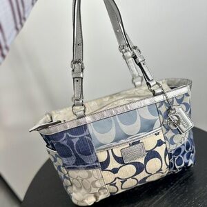 Coach Patchwork Tote in Blue, Cream, and Silver